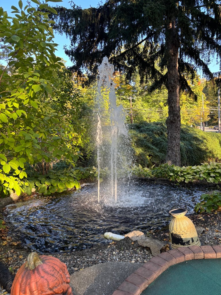 Fountain spraying water in a garden pond surrounded by lush green trees and decorative pumpkins