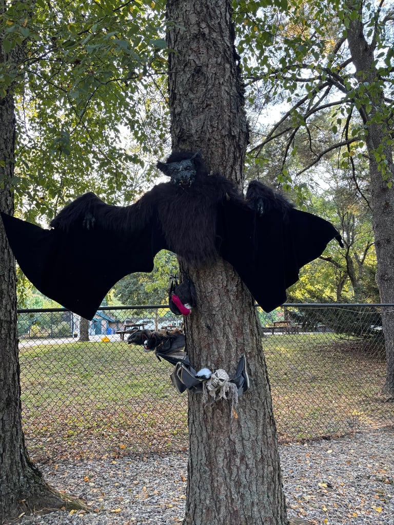 Black fabric bat decoration spread across a tree trunk in a park setting
