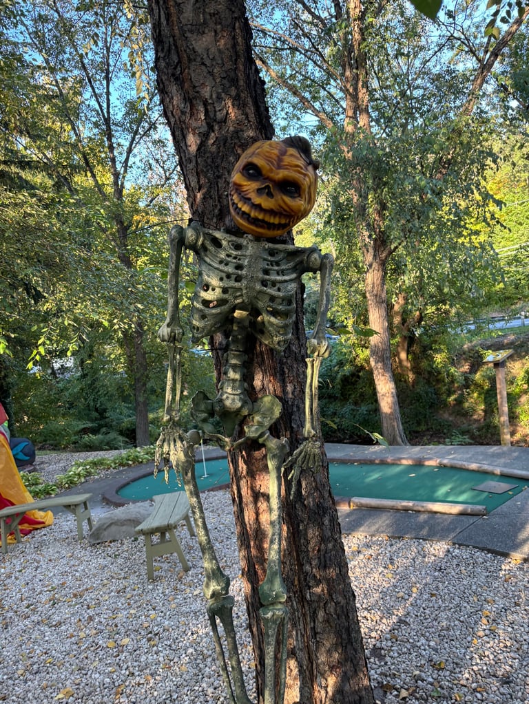 Skeleton figure with jack-o-lantern head attached to tree trunk at miniature golf course