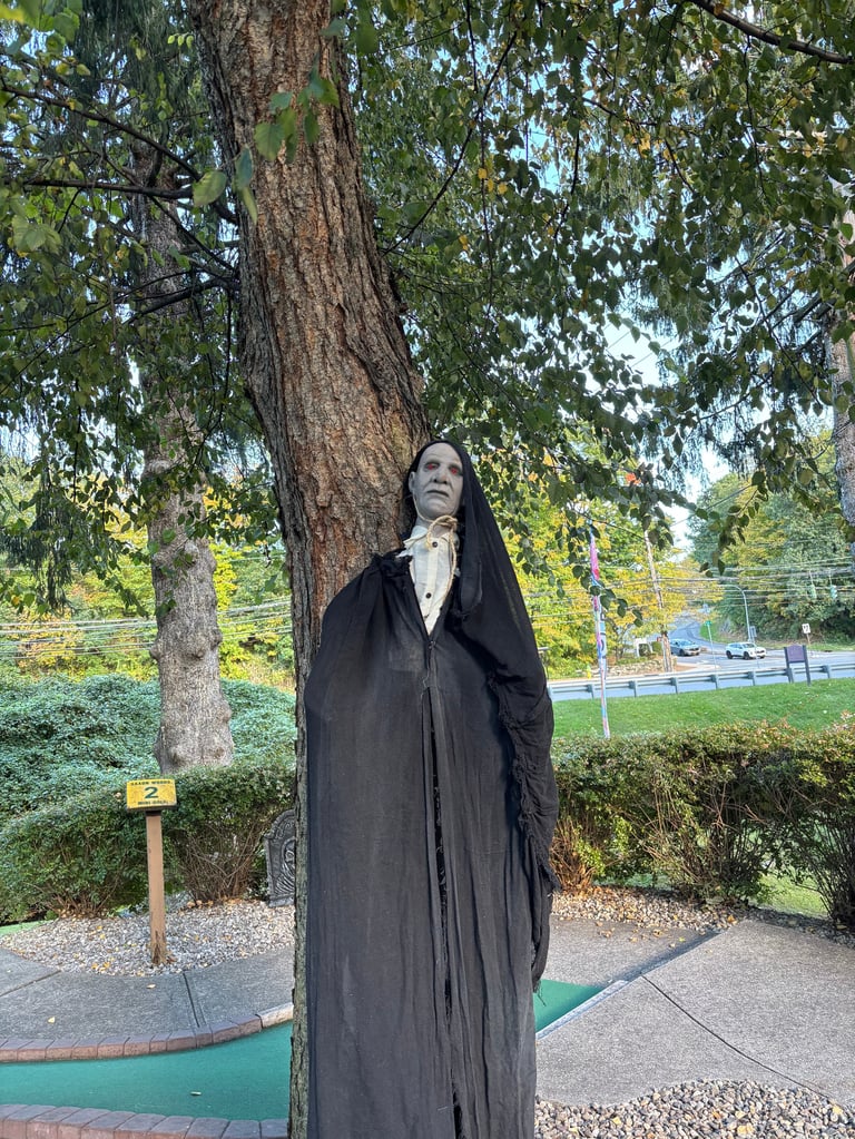 Statue of a woman in black robes standing against a large tree in a park setting
